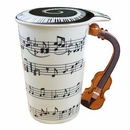 UMI. Essentials 400 ml Trinkbecher Tasse Keramik 3D-Griff in Form Einer Geige Musik Noten Kaffee Tee Mug mit Deckel Geschenk