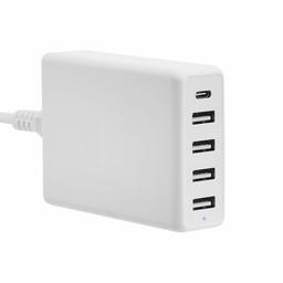 AmazonBasics 5-Port Wall Charger (60W) with 4 USB-A Ports and 1 USB-C Port with 30W Power Delivery - White