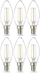 AmazonBasics LED E14 Small Edison Screw Candle Bulb, 2.1W (Equivalent to 25W), Clear Filament- Pack of 6