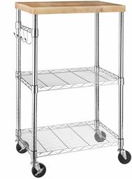 AmazonBasics Kitchen Rolling Microwave Cart on Wheels, Storage Rack, Wood/Chrome (Renewed)