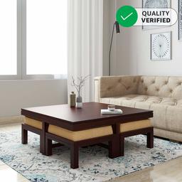 Amazon Brand - Solimo Andro Solid Sheesham Wood Coffee Table with 4 Stools (Mahogany Finish)