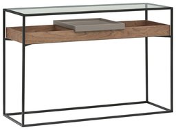 Amazon Brand – Rivet King Street Industrial Cabinet Media Console Table With Functional Storage, Walnut, Black Metal, Glass