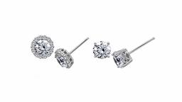 Sterling Silver (Platinum Plated) Cubic Zirconia Clear Color Round Cut Halo Stud Earrings Set