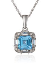 Sterling Silver Square Shape Blue Topaz with Round and Baguette Created White Sapphire Pendant Necklace, 18