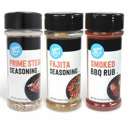 Amazon Brand - Happy Belly Grilling Spices Set: Prime Steak Seasoning, Fajita Seasoning, Smoked BBQ Rub Seasoning