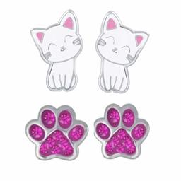 Hikaro 2 x Kinder Ohrringe Katze Pfote Tatze Kristalle 925 Silber (Pink)