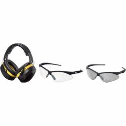 AmazonBasics Safety Earmuff in Black and Yellow & Safety Glasses in Clear Lens and Smoke Lens