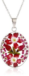 Amazon CollectionAmazon Collection Sterling Silver Burgundy Pressed Flower Oval Pendant Necklace, 18