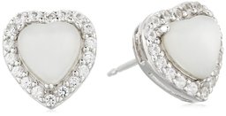 Sterling Silver Genuine Moonstone and Created White Sapphire Halo Heart Stud Earrings