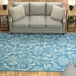 Ravenna Home Vintage Damask Patterned Rug, 6' x 9', Ivory on Blue