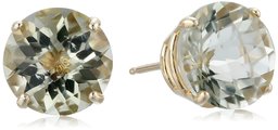 10k Yellow Gold Round Checkerboard Cut Green Amethyst Stud Earrings (8mm)