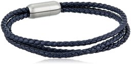 men's blue leather with stainless steel magnetic clasp bracelet