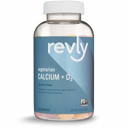 Amazon Brand - Revly Calcium + D3, 500 mg Calcium with 1,000 IU Vitamin D3 per Serving (2 Gummies), 90 Gummies, Vegetarian, Non-GMO