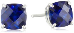 Sterling Silver Cushion-Cut Checkerboard Created Blue Sapphire Stud Earrings (6mm)