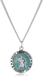 Men's Sterling Silver Round St. Christopher Pendant with Blue Background and Rhodium Plated Stainless Steel Chain, 20