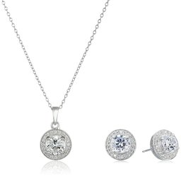 Sterling Silver Cubic Zirconia Round Halo Earrings and Pendant Necklace Jewelry Set, 18