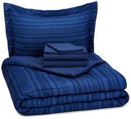 AmazonBasics 5-Piece Light-Weight Microfiber Bed-In-A-Bag Comforter Bedding Set - Twin or Twin XL, Blue Calvin Stripe