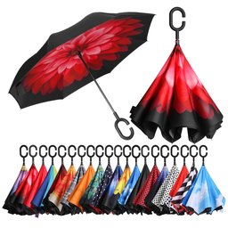 [Amazon Brand] Eono Double Layer Inverted Umbrella, Reverse Folding Umbrella, Self Standing Windproof UV Protection, Travel Umbrella, Car Rain and Outdoor, C-Shape Handles, Pink