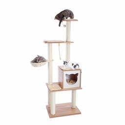 Eono by Amazon Modern Wooden Cat Tree Multi-Level Cats Tower Kittens Activity Centre with Sturdy Scratching Posts Condo Sisal Rope Soft Nest Bed and Removable Mats Beige Height 65