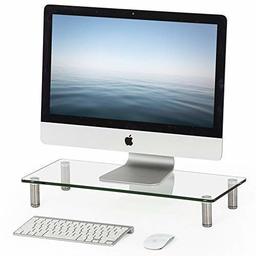 FITUEYES DT105601GC Tabletop Monitor Stand, Keyboard Storage, Width 22.0 inches (560 mm), Height Adjustable, Clear, Glass