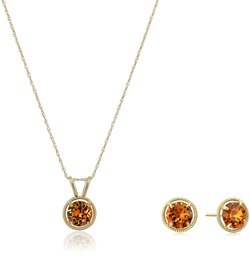 10K Gold Dainty Swarovski Crystal Birthstone Pendant Necklace with Stud Earrings Set, November