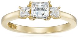 Amazon CollectionYellow Gold-Plated Sterling Silver Swarovski Zirconia Princess 3 Stone Ring, Size 7