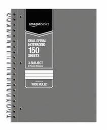 AmazonBasics Wide Ruled Wirebound 3-Subject 150-Sheet Notebook with Pocket Divider - Pack of 3, 10.5 x 8 Inch, Grey / Green / Blue