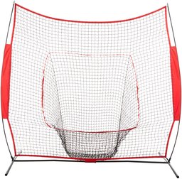 AmazonBasics Baseball Softball Hitting Pitching Batting Practice Net With Stand - 96 x 42 x 86 Inches, Red and Black