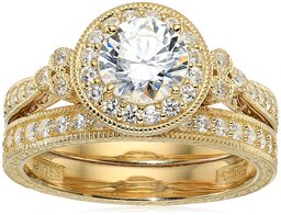 Amazon CollectionYellow Gold-Plated Sterling Silver Swarovski Zirconia Round Antique Style Ring, Size 8