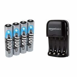 AmazonBasics Battery Charger for Ni-MH AA / AAA Batteries and USB Devices + Ansmann Micro AAA Batteries 1.2 V Type 1100 mAh - High-Power NiMH AAA Batteries for Devices with High Power Consumption - Pack of 4