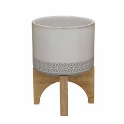 Amazon Brand – Rivet Mid-Century Stoneware Planter with Wood Stand, 7.08