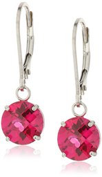 Sterling Silver Round Checkerboard Cut Created Ruby Leverback Earrings (8mm)