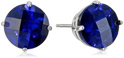 10k White Gold Round Checkerboard Cut Created Sapphire Stud Earrings (8mm)