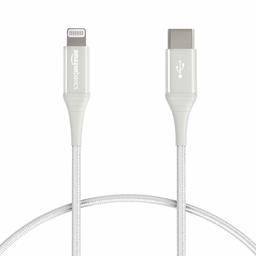 AmazonBasics Advanced Double Braided Nylon USB-C to Lightning Cable, MFi Certified iPhone Charger - Silver, 30.4 cm