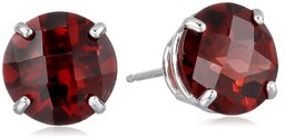 10k White Gold Round Checkerboard Cut Garnet Stud Earrings (8mm)