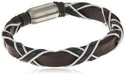 Men's Brown and White Leather with Stainless Steel Magnetic Clasp Bracelet