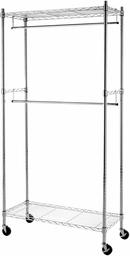 AmazonBasics Double Hanging Rod Garment Rolling Closet Organizer Rack, Chrome (Renewed)