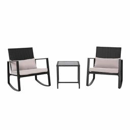 AmazonBasics 3-Piece Patio Bistro Rocking Chair Set with Tempered Glass Side Table and Cushions, Black