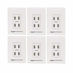 Amazoncommercial In Wall USB Charger, 4 USB Charger (Total 4.8A), with Snap-on Wallplate, 6-Pack