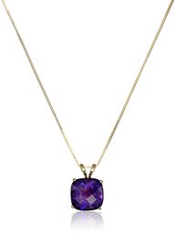 14k Yellow Gold Cushion Checkerboard Cut Amethyst Pendant Necklace (8mm), 18