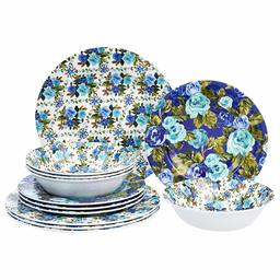 AmazonBasics 12-Piece Stoneware Dinnerware Set - Service for 4, Blue Rose Garden