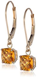 10k Yellow Gold Cushion-Cut Checkerboard Citrine Leverback Earrings (6mm)