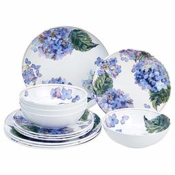 AmazonBasics 12-Piece Melamine Dinnerware Set - Service for 4, Blue Hydrangea Floral