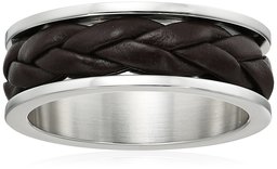 Men's Stainless Steel Band with Brown Leather Inlay 8mm Ring, Size 11