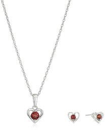 Girls' Petite Sterling Silver Garnet Open Heart Stud Earrings and 16