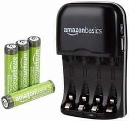 AmazonBasics AAA High-Capacity Rechargeable Batteries (4-Pack) and Ni-MH AA & AAA Battery Charger With USB Port Set