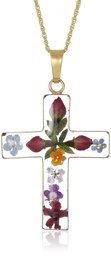 14k Gold Over Sterling Silver Pressed Flower Multi-Colored Cross Pendant Necklace, 18