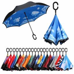 Eono by Amazon - Double Layer Inverted Umbrellas Reverse Folding Umbrella Self-Standing Windproof UV Protection Big Straight Travel Umbrella for Car Rain Outdoor with C-Shaped Handle, Sky