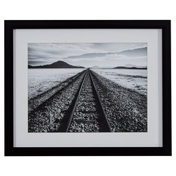 Amazon Brand – Rivet Black and White Desert Railroad Tracks Photography Wall Art Print, Black frame, 22