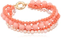 Four-Row Swarovski Coral-Coated Pearl and Pink Freshwater Cultured Pearl Bracelet with Gold-Tone Clasp, 7.5